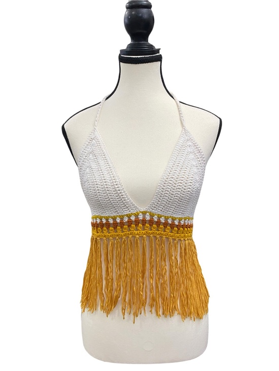 Charlotte Russe Tops - Crochet Fringe Halter Top in White and Mustard